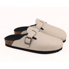 Dép đế trấu sục Boston quai ngang Kem da saffiano  HISHOO R109