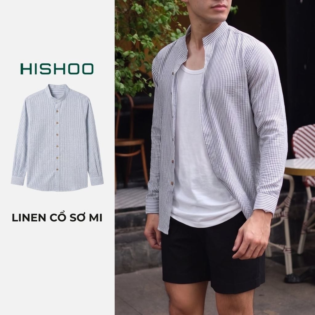 Áo Sơ Mi Trắng Sọc Xanh Nút Gỗ Tay Dài Nam Relax Form Rộng, Cổ Tàu Vuông, Lai Ngang Linen Solene Vải Mềm Mát HISHOO A2T002