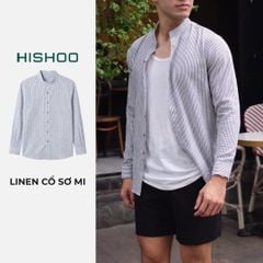 Áo Sơ Mi Trắng Sọc Xanh Nút Gỗ Tay Dài Nam Relax Form Rộng, Cổ Tàu Vuông, Lai Ngang Linen Solene Vải Mềm Mát HISHOO A2T002
