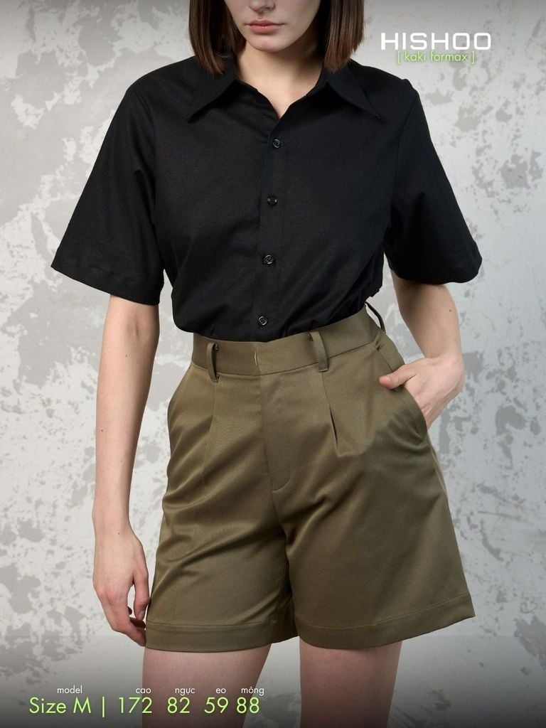 Quần kaki Rêu nữ lưng cao xếp li Hishoo short suông basic mặc đi chơi, đi làm HISHOO Q2G001