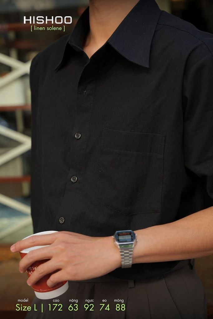 Áo Sơ Mi Nam Tay Dài Relax Form Rộng, Cổ Thường, Lai Ngang Linen Solene Vải Mềm Mát HISHOO A2T003