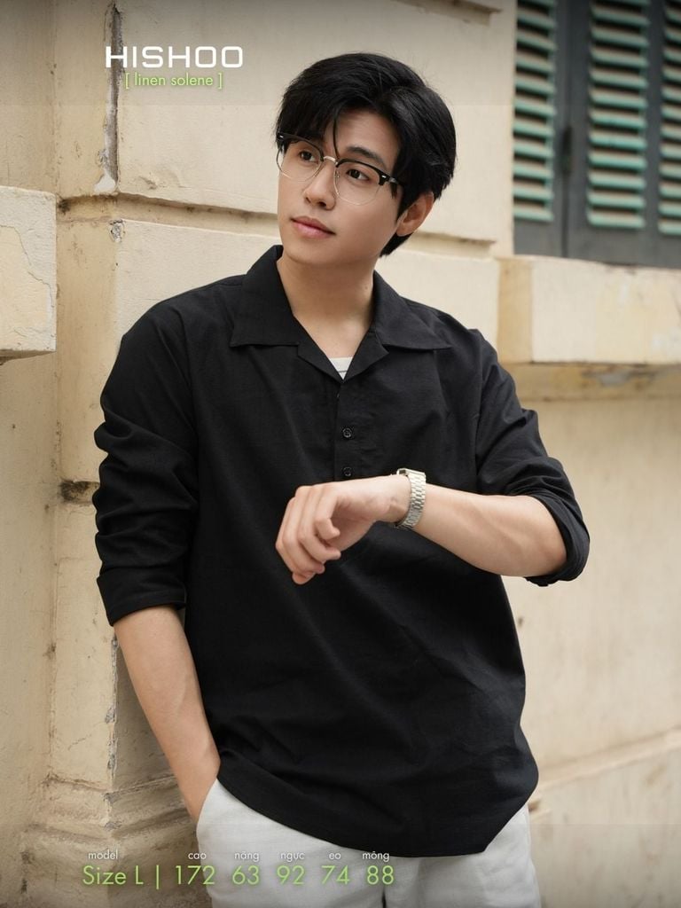 Áo Sơ Mi Nam Đen Tay Dài Relax Form Rộng, Cổ Polo Danton, Xẻ V Linen Solene Vải Mềm Mát HISHOO A3T004
