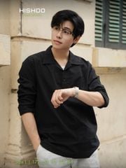 Áo Sơ Mi Nam Đen Tay Dài Relax Form Rộng, Cổ Polo Danton, Xẻ V Linen Solene Vải Mềm Mát HISHOO A3T004