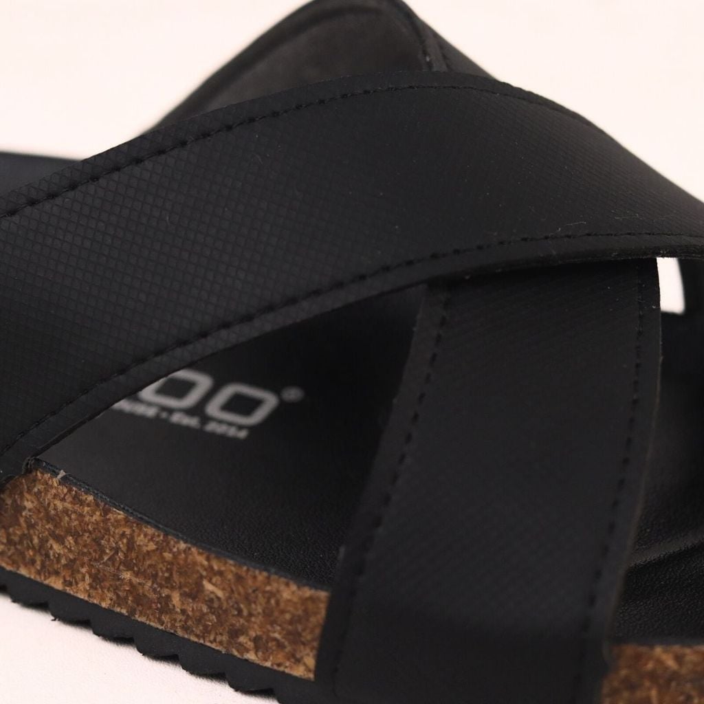 Dép đế trấu birken quai chéo MẶT ĐEN da SAFFIANO Hishoo M096