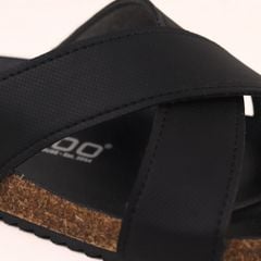 Dép đế trấu birken quai chéo MẶT ĐEN da SAFFIANO Hishoo M096