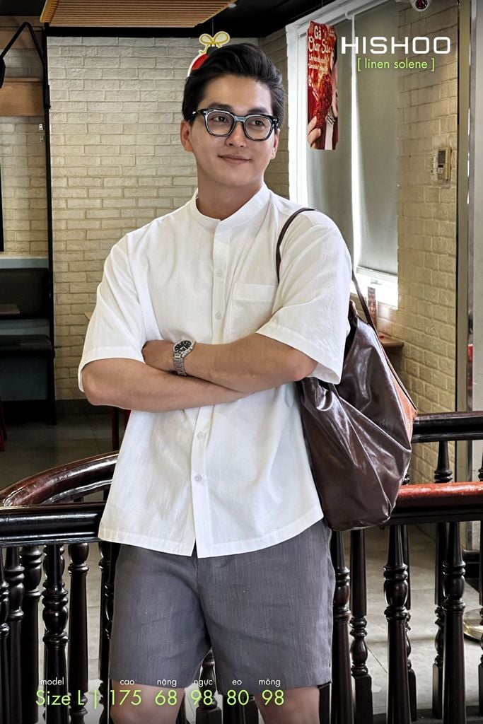 Áo Sơ Mi Nam Relax Form Rộng, Cổ Tàu Vuông, Lai Ngang Linen Solene Vải Mềm Mát HISHOO A1T002