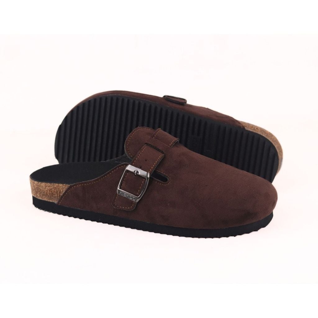 Dép đế trấu sục Boston quai ngang Nâu Walnut da lộn  HISHOO R109