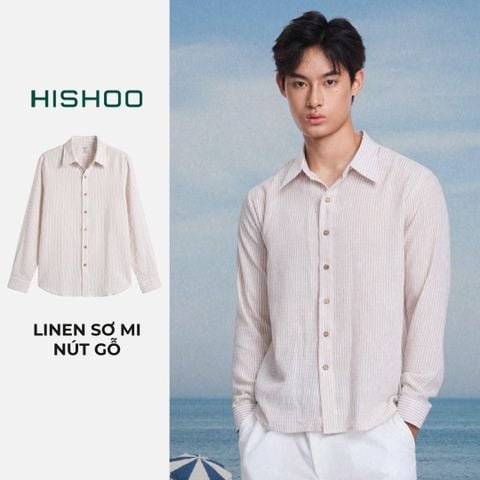 Áo Sơ Mi Trắng Sọc Nâu Nút Gỗ Tay Dài Nam Relax Form Rộng, Cổ Thường, Lai Ngang Linen Solene Vải Mềm Mát HISHOO A2T003