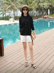 Áo Sơ Mi Nữ Nút Gỗ Tay Dài Relax Form Rộng, Cổ Polo Tàu Vuông, Xẻ V Linen Solene Vải Mềm Mát HISHOO A3G002