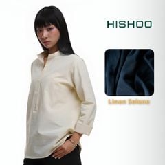 Áo Sơ Mi Kem Nữ Tay Dài Relax Form Rộng, Cổ Polo Tàu Vuông, Xẻ V Linen Solene Vải Mềm Mát HISHOO A3G002