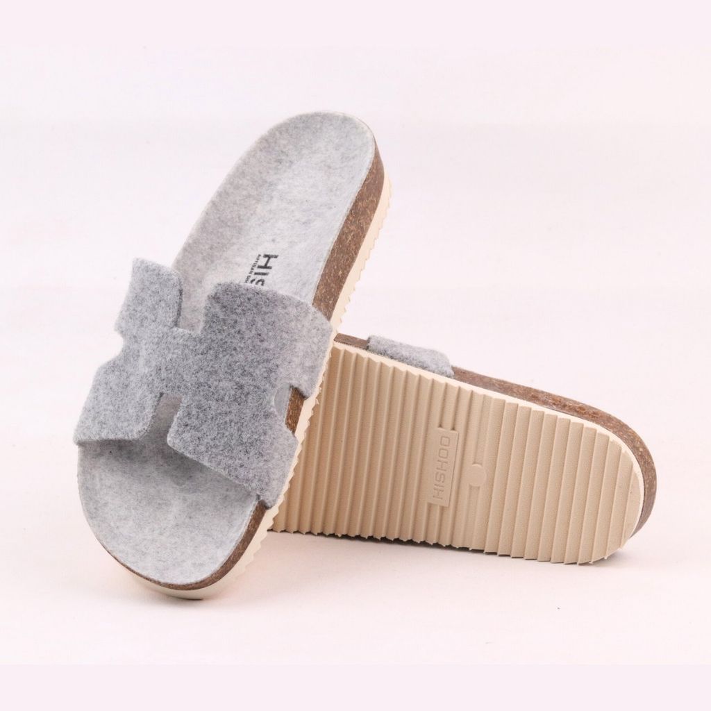 Dép đế trấu birken chữ H vải dạ Premium HISHOO B095