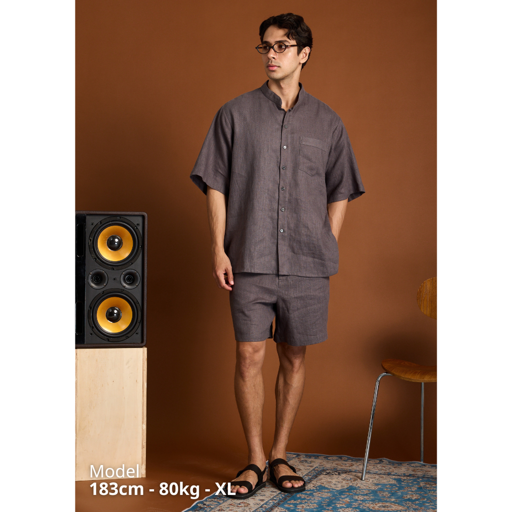 Áo Sơ Mi Nam Relax Form Rộng, Cổ Tàu Tròn, Lai Ngang Linen Solene Vải Mềm Mát HISHOO A1T001