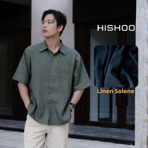 Áo Sơ Mi Nam Rêu  Relax Form Rộng, Cổ Thường, Lai Ngang Linen Solene Vải Mềm Mát HISHOO A1T003