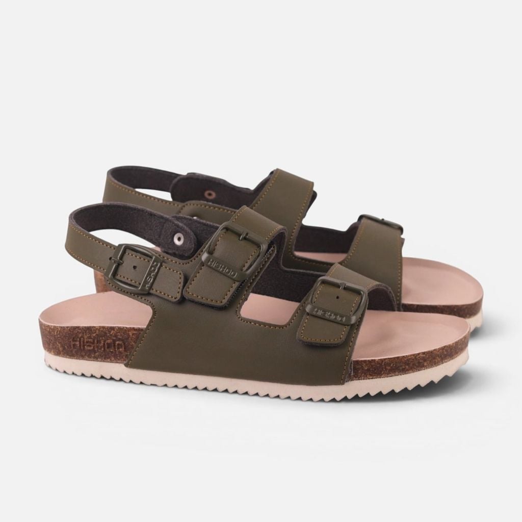 Dép đế trấu sandal birken Xanh Olive quai ngang 2 khoá premium HISHOO B102