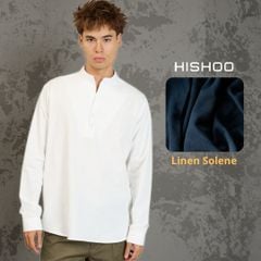 Áo Sơ Mi Nam Trắng Tay Dài Relax Form Rộng, Cổ Polo Tàu Vuông, Xẻ V Linen Solene Vải Mềm Mát HISHOO A3T002