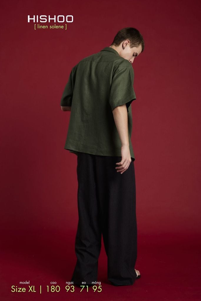 Áo Sơ Mi Nam Rêu  Relax Form Rộng, Cổ Thường, Lai Ngang Linen Solene Vải Mềm Mát HISHOO A1T003