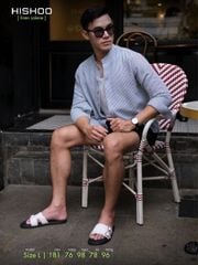 Áo Sơ Mi Trắng Sọc Xanh Nút Gỗ Tay Dài Nam Relax Form Rộng, Cổ Tàu Vuông, Lai Ngang Linen Solene Vải Mềm Mát HISHOO A2T002