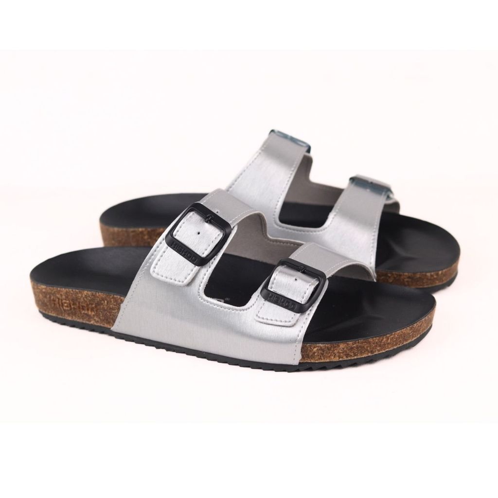 Dép đế trấu birken Bạc quai ngang 2 khóa Hishoo M093