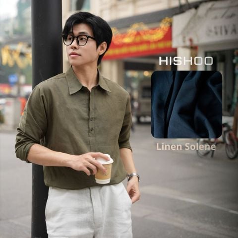 Áo Sơ Mi Nam Tay Dài Relax Form Rộng, Cổ Polo Sơ Mi, Xẻ V Linen Solene Vải Mềm Mát HISHOO A3T003