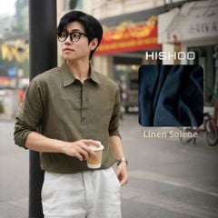 Áo Sơ Mi Nam Tay Dài Relax Form Rộng, Cổ Polo Sơ Mi, Xẻ V Linen Solene Vải Mềm Mát HISHOO A3T003