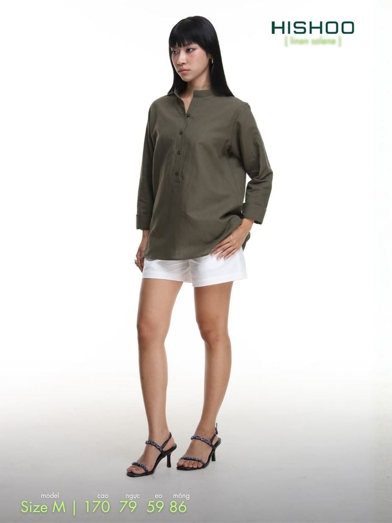Áo Sơ Mi Nữ Tay Dài Relax Form Rộng, Cổ Polo Tàu Vuông, Xẻ V Linen Solene Vải Mềm Mát HISHOO A3G002