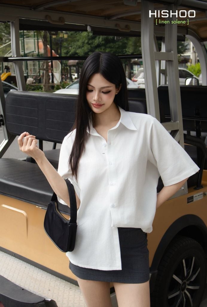 Áo Sơ Mi Nữ Relax Form Rộng, Cổ Thường, Lai Ngang Linen Solene Vải Mềm Mát HISHOO A1G003