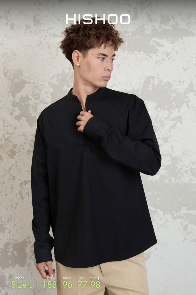 Áo Sơ Mi Nam Đen Tay Dài Relax Form Rộng, Cổ Polo Tàu Vuông, Xẻ V Linen Solene Vải Mềm Mát HISHOO A3T002