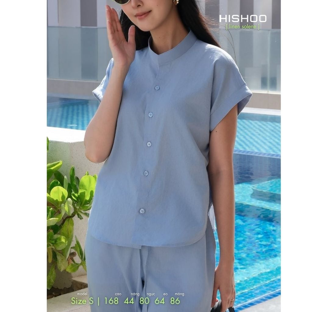 Áo Sơ Mi Nữ Tay Ngắn Relax Form Rộng, Cổ Tàu Vuông, Linen Solene Vải Mềm Mát HISHOO A4G002