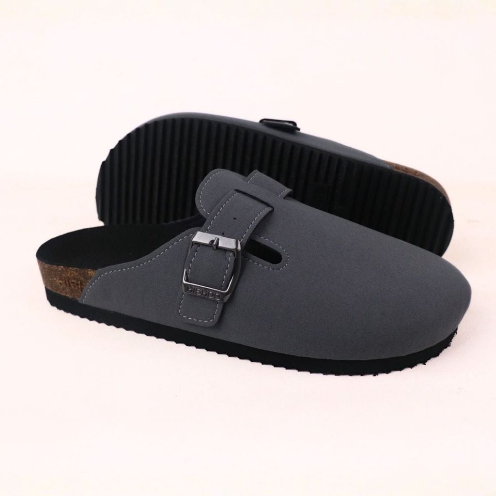 Dép đế trấu sục Boston Xám/ Kem/Bò quai ngang da lộn HISHOO R109