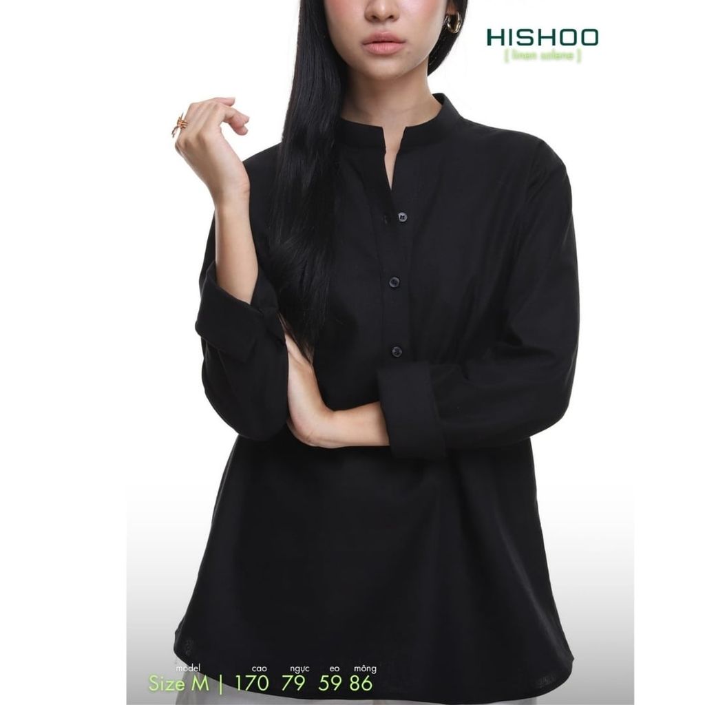 Áo Sơ Mi Nữ Tay Dài Relax Form Rộng, Cổ Polo Tàu Vuông, Xẻ V Linen Solene Vải Mềm Mát HISHOO A3G002