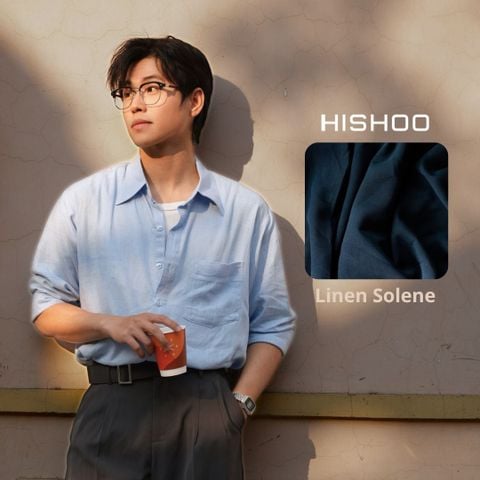 Áo Sơ Mi Nam Xanh Nhạt Tay Dài Relax Form Rộng, Cổ Thường, Lai Ngang Linen Solene Vải Mềm Mát HISHOO A2T003