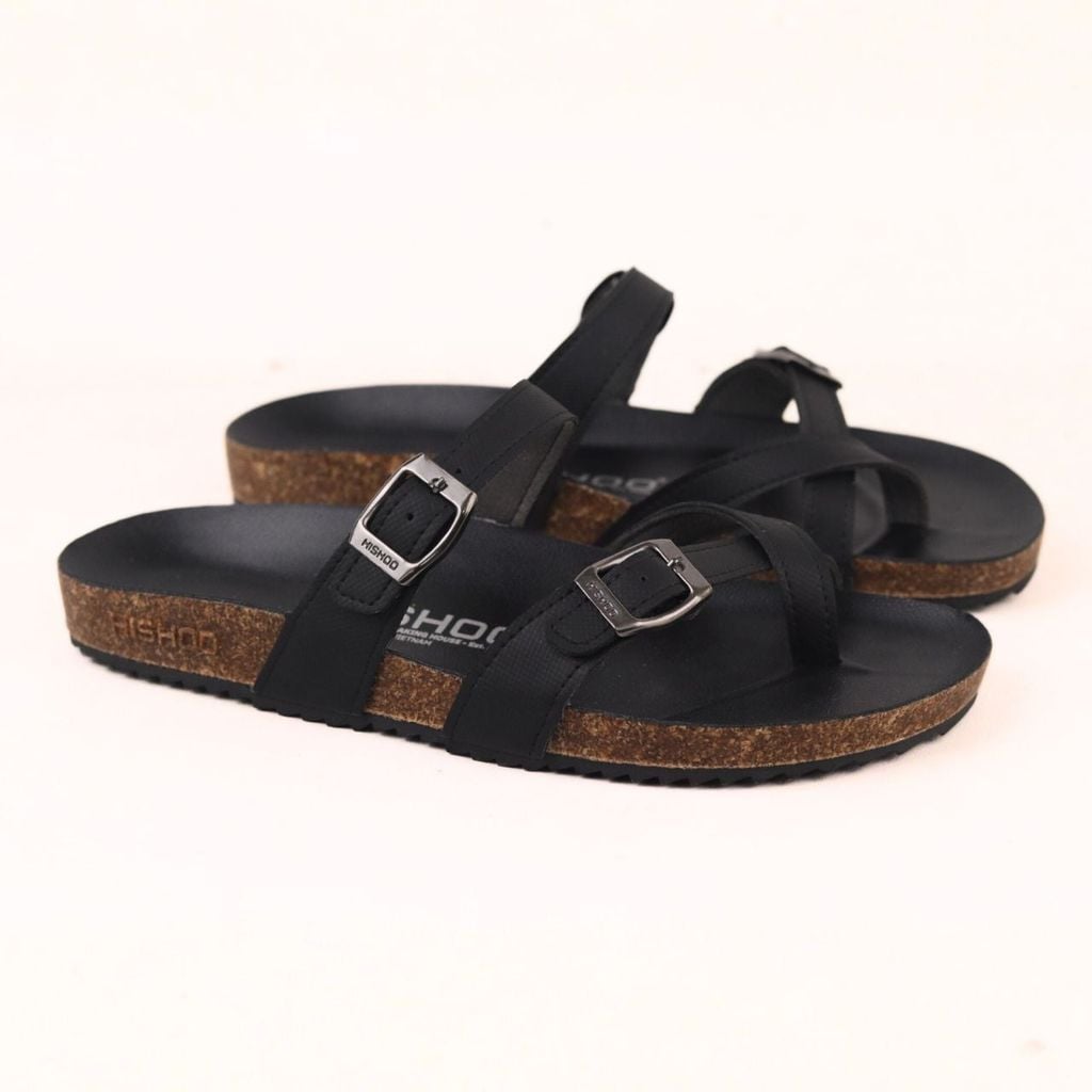 Dép đế trấu birken xỏ ngón MẶT ĐEN da SAFFIANO Hishoo M098