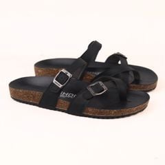 Dép đế trấu birken xỏ ngón MẶT ĐEN da SAFFIANO Hishoo M098