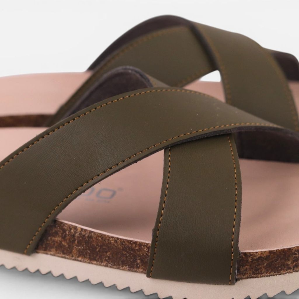 Dép đế trấu birken Xanh Olive quai ngang chéo premium HISHOO B096