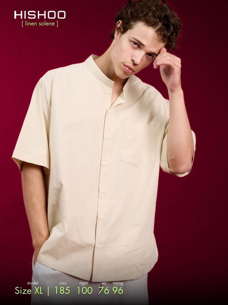 Áo Sơ Mi Kem Nam Relax Form Rộng, Cổ Tàu Vuông, Lai Ngang Linen Solene Vải Mềm Mát HISHOO A1T002