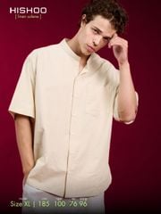 Áo Sơ Mi Kem Nam Relax Form Rộng, Cổ Tàu Vuông, Lai Ngang Linen Solene Vải Mềm Mát HISHOO A1T002