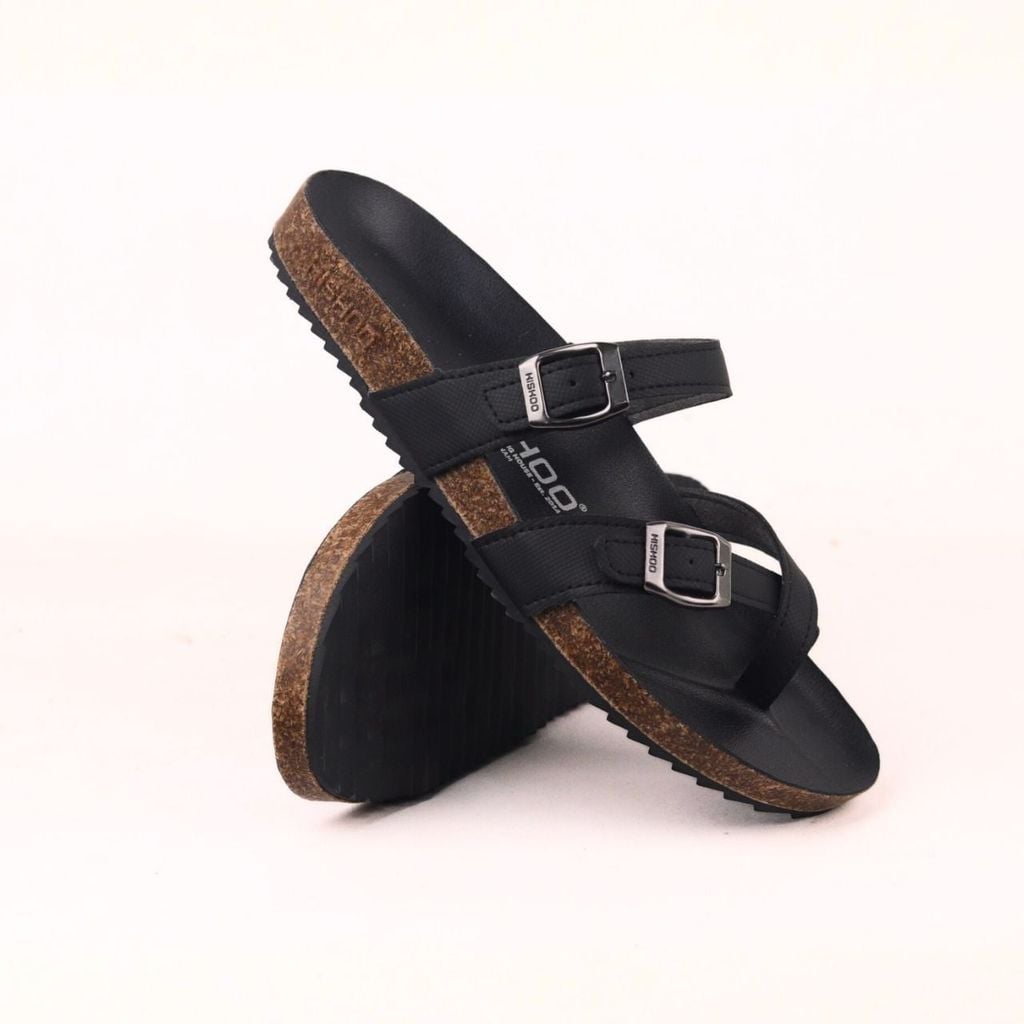 Dép đế trấu birken xỏ ngón MẶT ĐEN da SAFFIANO Hishoo M098