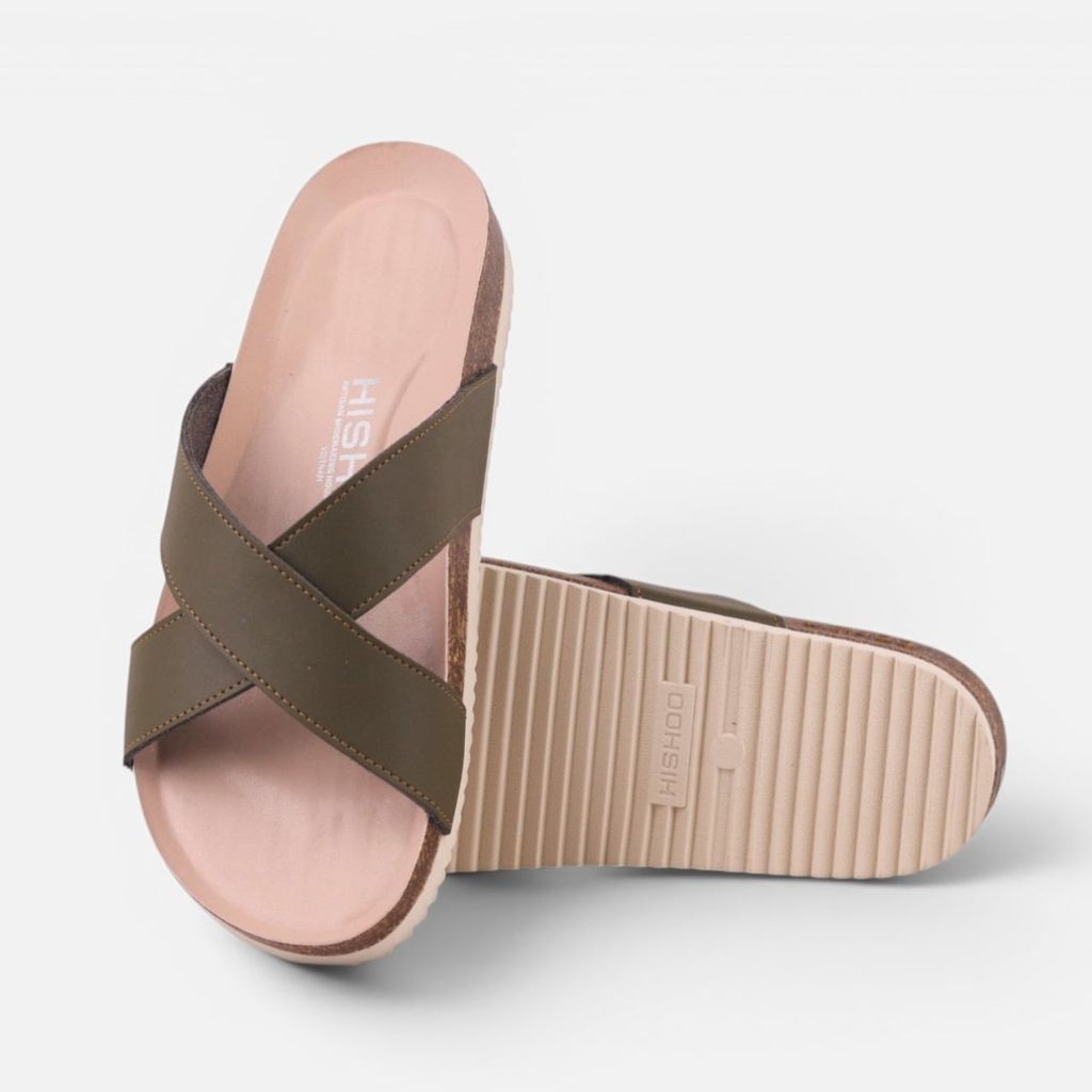 Dép đế trấu birken Xanh Olive quai ngang chéo premium HISHOO B096