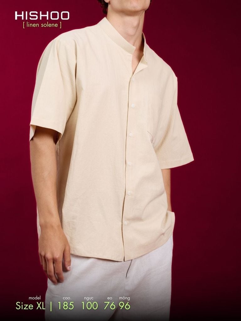Áo Sơ Mi Kem Nam Relax Form Rộng, Cổ Tàu Vuông, Lai Ngang Linen Solene Vải Mềm Mát HISHOO A1T002