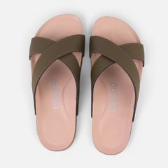 Dép đế trấu birken Xanh Olive quai ngang chéo premium HISHOO B096