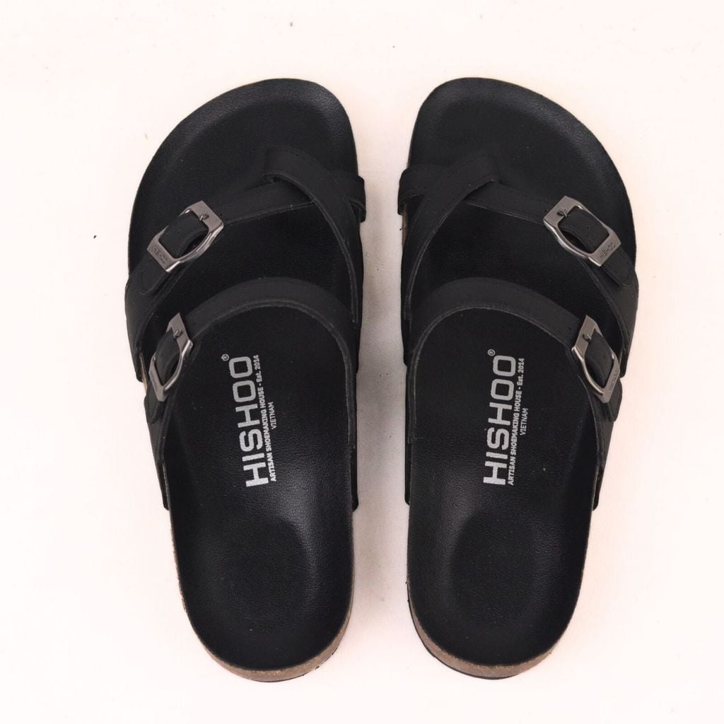 Dép đế trấu birken xỏ ngón MẶT ĐEN da SAFFIANO Hishoo M098