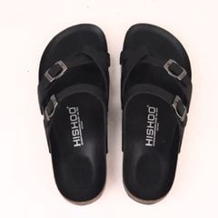 Dép đế trấu birken xỏ ngón MẶT ĐEN da SAFFIANO Hishoo M098