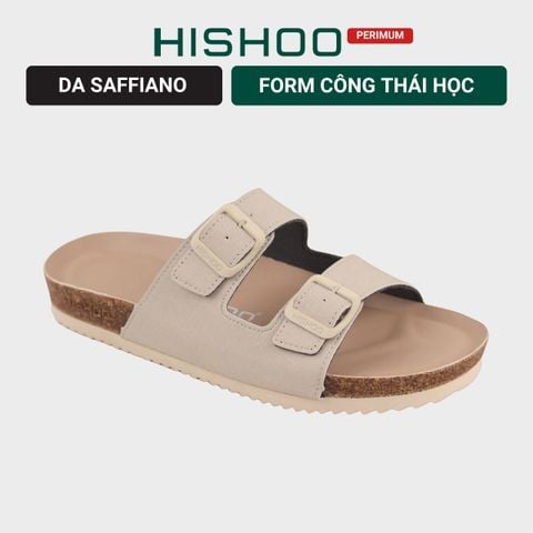 Dép đế trấu birken 2 khoá Kem Saffiano premium HISHOO B093