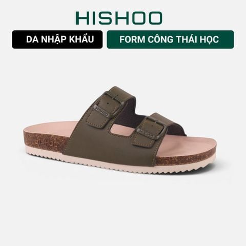 Dép đế trấu birken 2 khoá  Xanh Olive Da Trơn Premium HISHOO B093