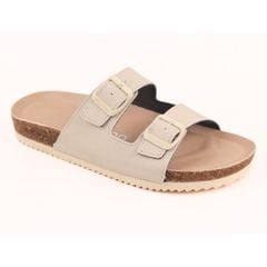 Dép đế trấu birken 2 khoá Kem Saffiano premium HISHOO B093