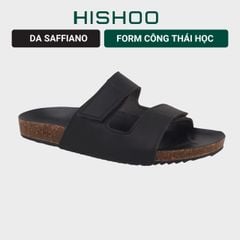 Dép đế trấu birken xé dán MẶT ĐEN da SAFFIANO Hishoo M105