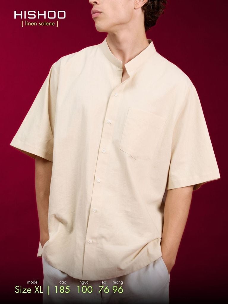 Áo Sơ Mi Kem Nam Relax Form Rộng, Cổ Tàu Vuông, Lai Ngang Linen Solene Vải Mềm Mát HISHOO A1T002