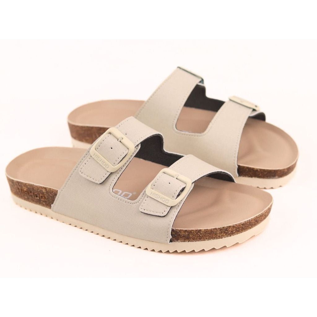 Dép đế trấu birken 2 khoá Kem Saffiano premium HISHOO B093