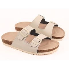 Dép đế trấu birken 2 khoá Kem Saffiano premium HISHOO B093