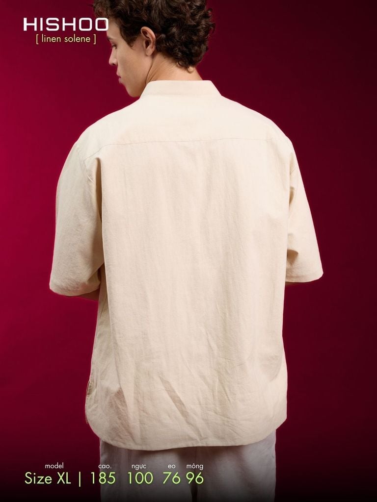 Áo Sơ Mi Kem Nam Relax Form Rộng, Cổ Tàu Vuông, Lai Ngang Linen Solene Vải Mềm Mát HISHOO A1T002